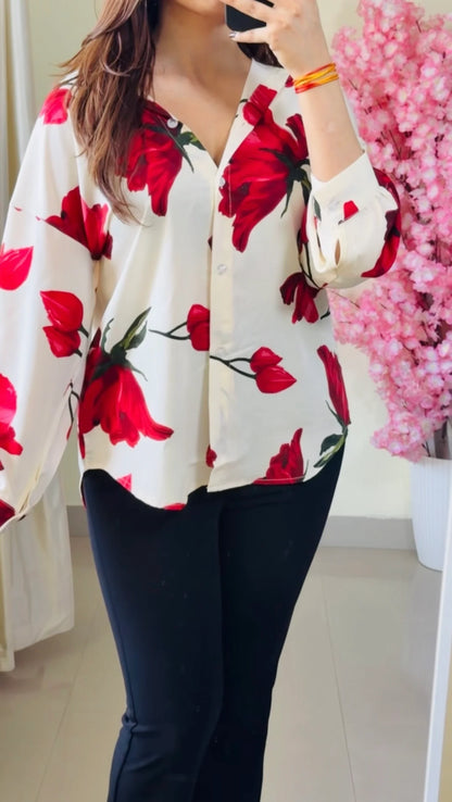 Cherry Red  Floral V-Neck Premium Shirt