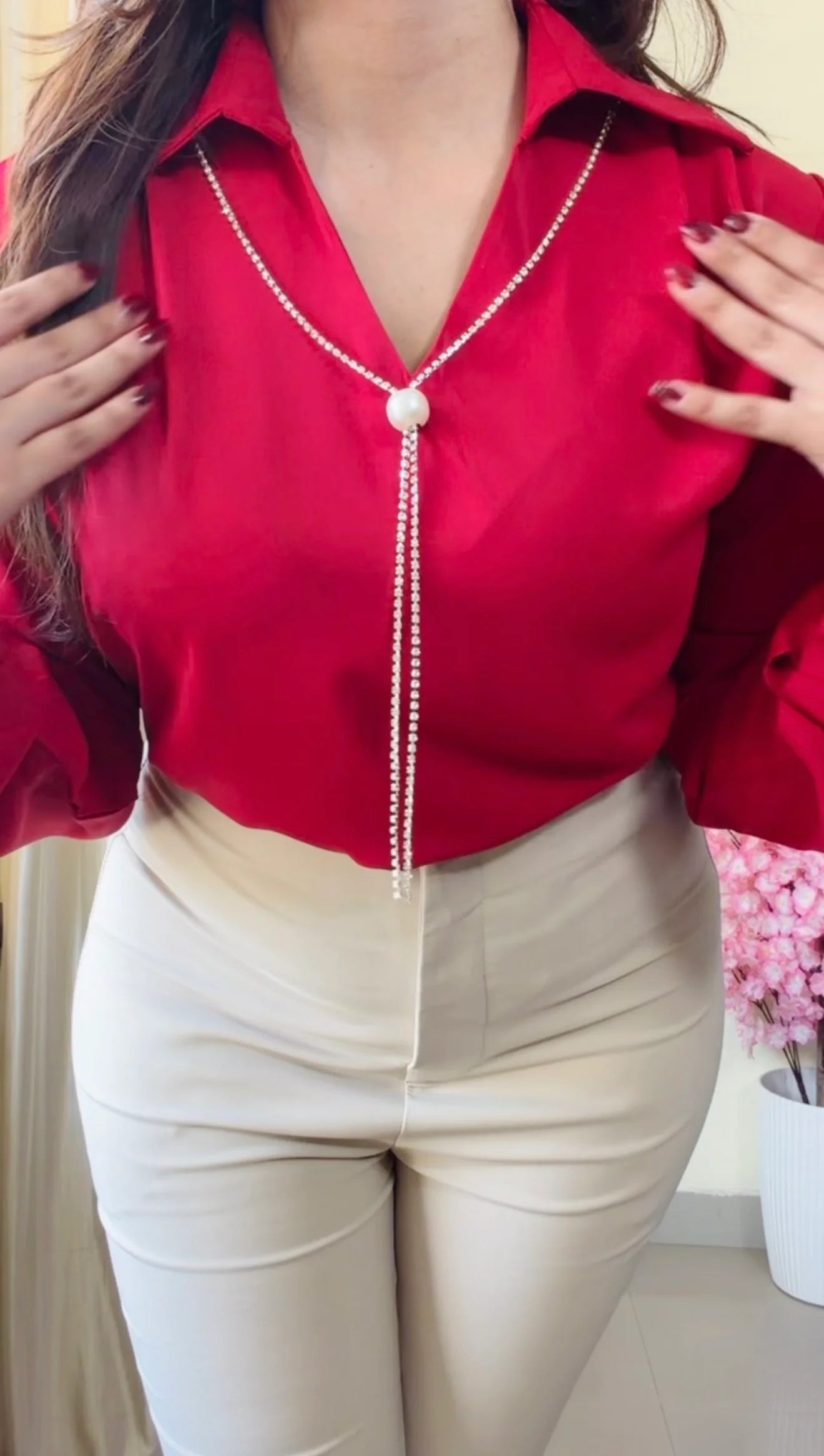 Cherry Red Pearl Tie Shirt