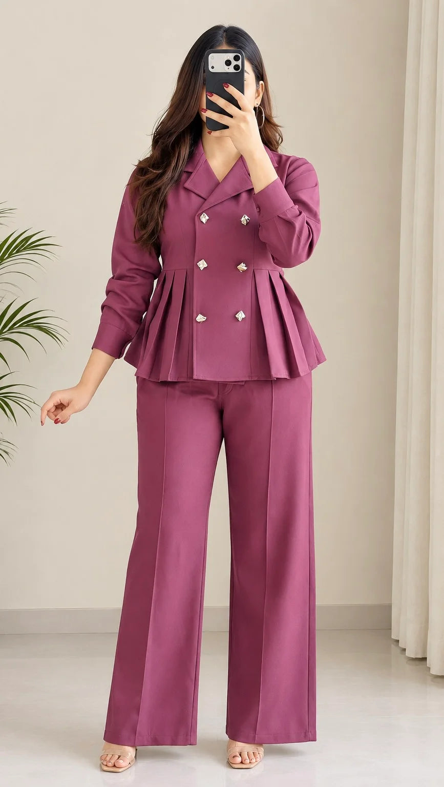 Pleated Double-Breasted Blazer Cord Set