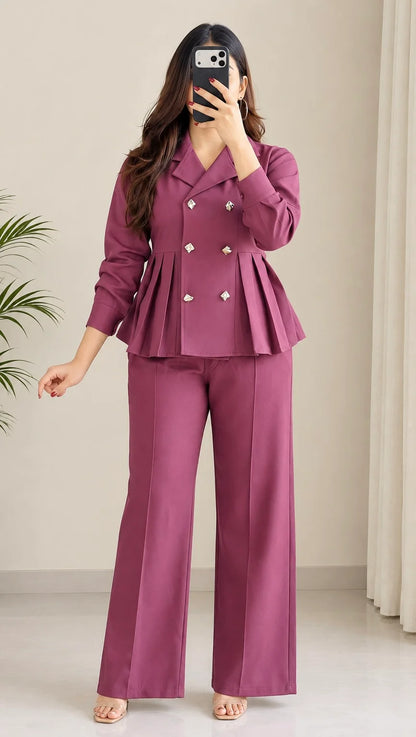 Pleated Double-Breasted Blazer Cord Set