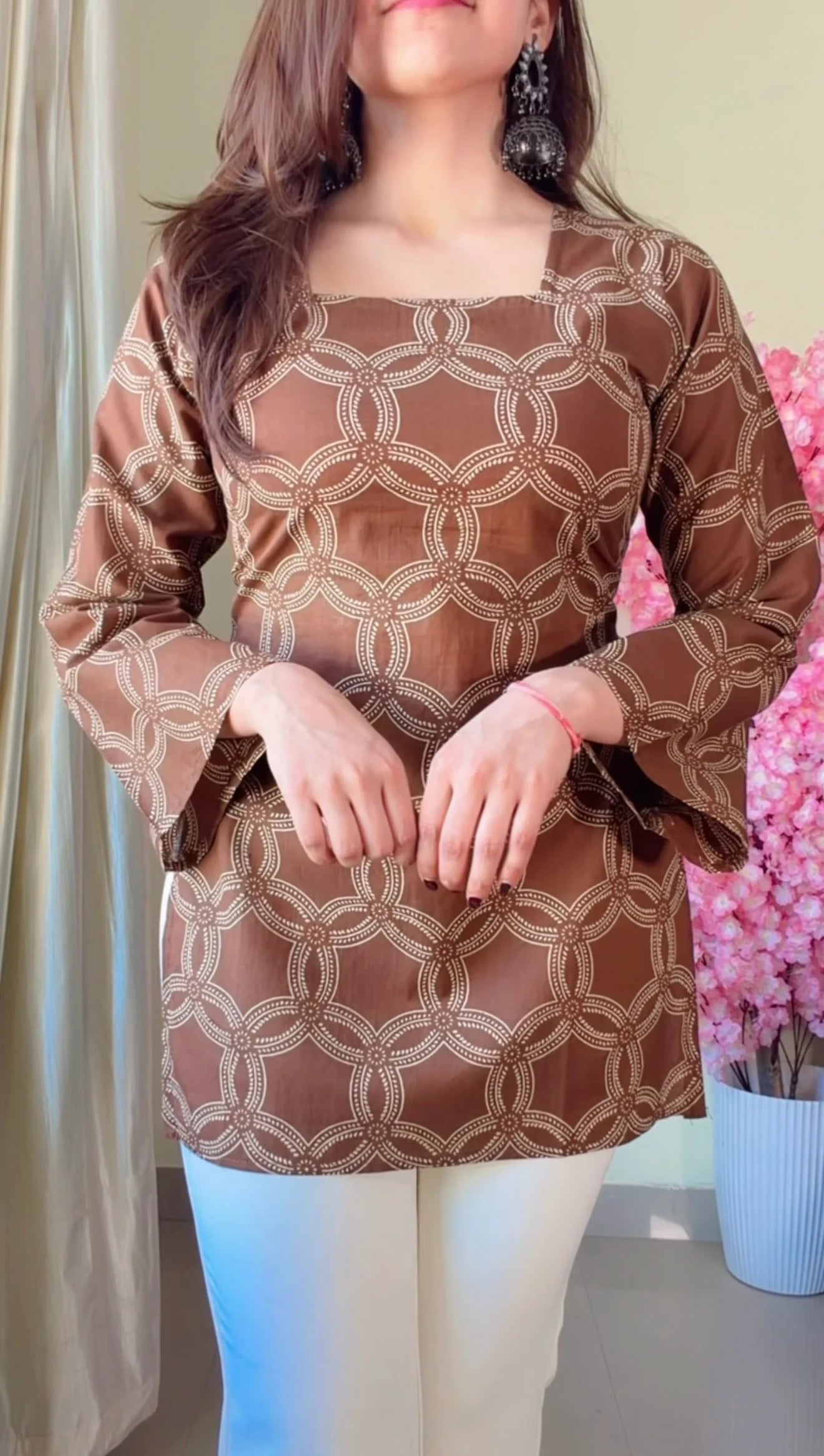 Brown Floral Corset Back Short kurti