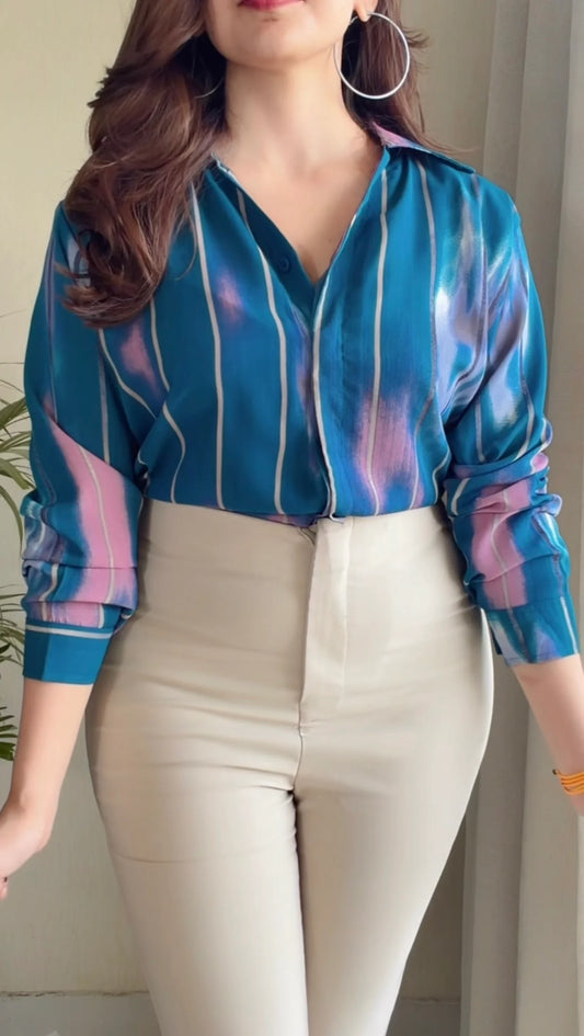 Teal Green Tie-Dye Stripe V-Neck Shirt