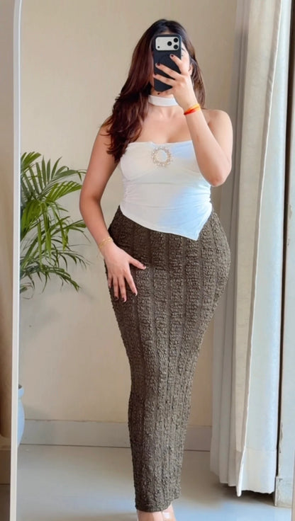 Ruby Noir Co-ord Set (White Top with Olive Skirt)
