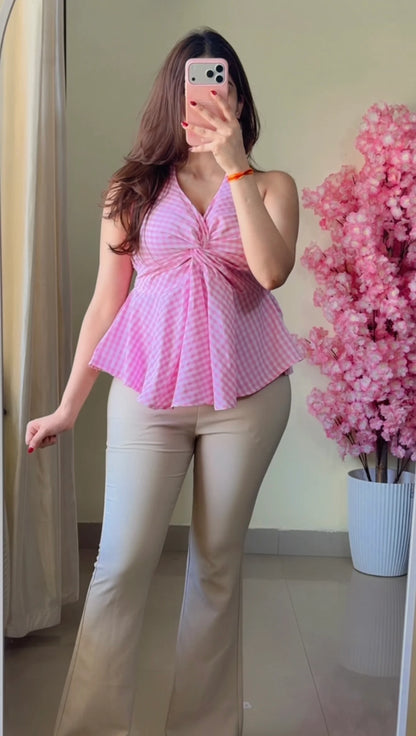 Pink and White Striped Halter Neck Peplum Top