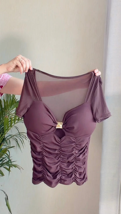 Brown Ruched Mesh Sleeve Padded Top