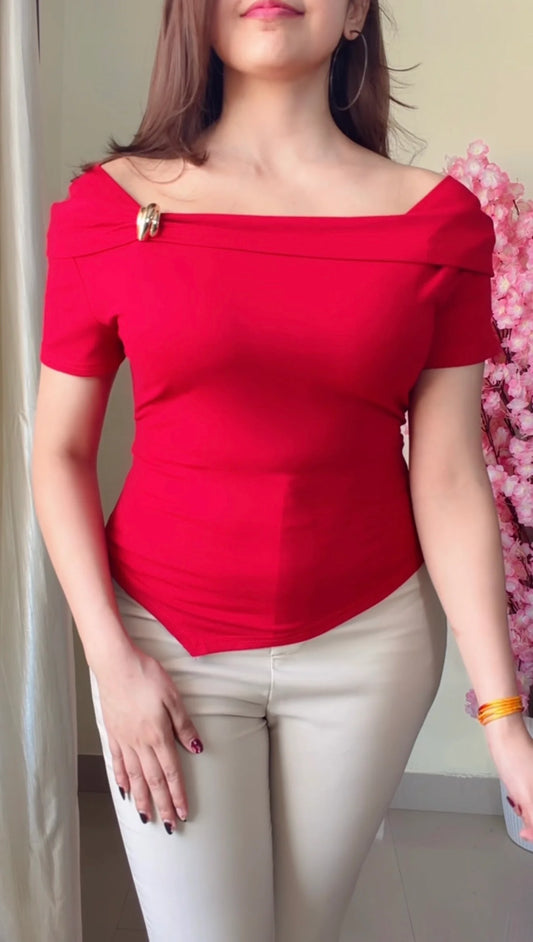 Scarlet Off-Shoulder Asymmetrical Top