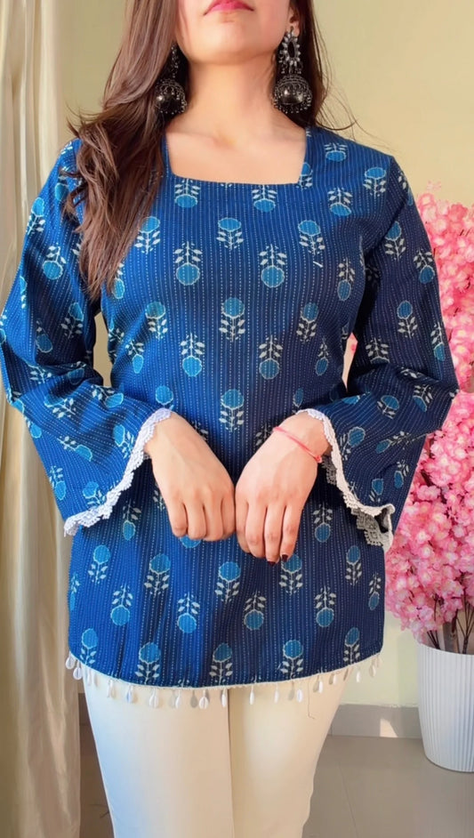 Blue Floral Flared Sleeves Short kurti
