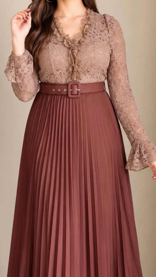Lace Pleated Co-ord Set with Belt (Padded Top+ Skirt)