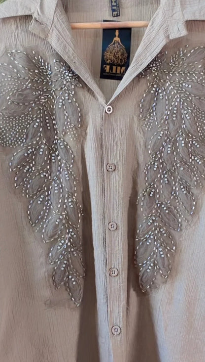 Camel brown leaf Embroidered Premium Shirt