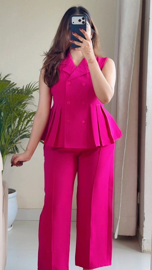 Fuchsia Pink V-Neck Contemporary Co-ord Set