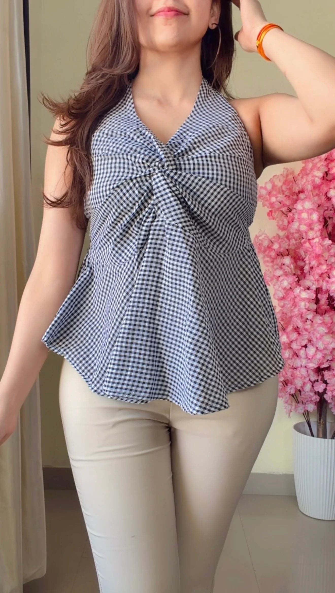 Black and White Striped Halter Neck Peplum Top