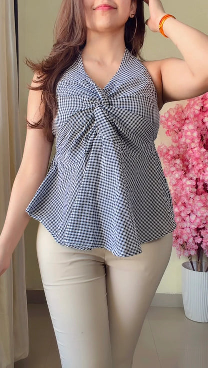 Black and White Striped Halter Neck Peplum Top