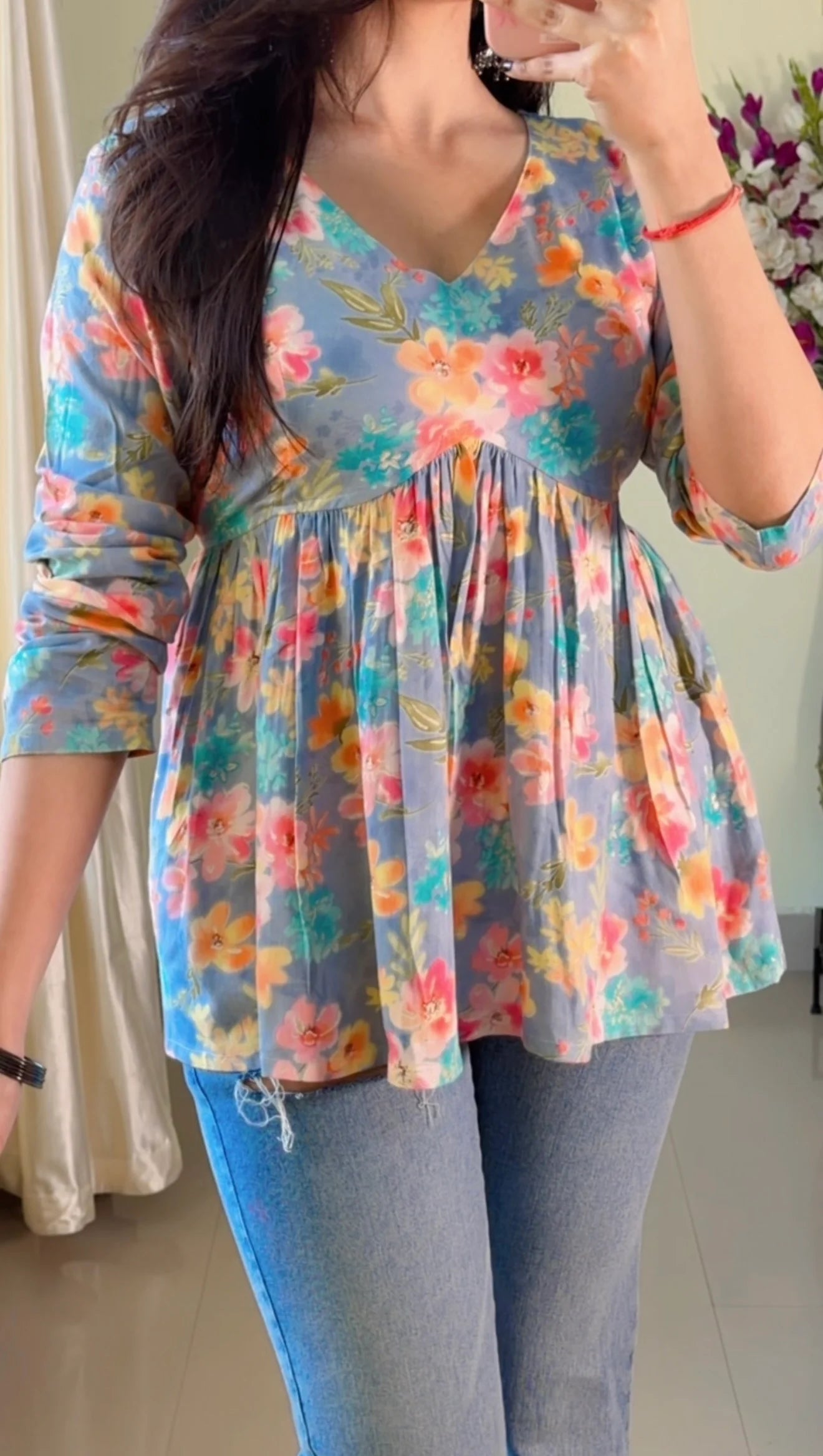 Blue Floral Flared Short Kurti