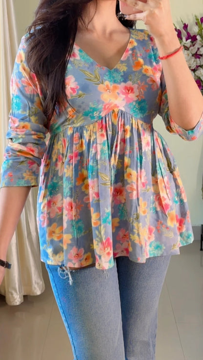 Blue Floral Flared Short Kurti