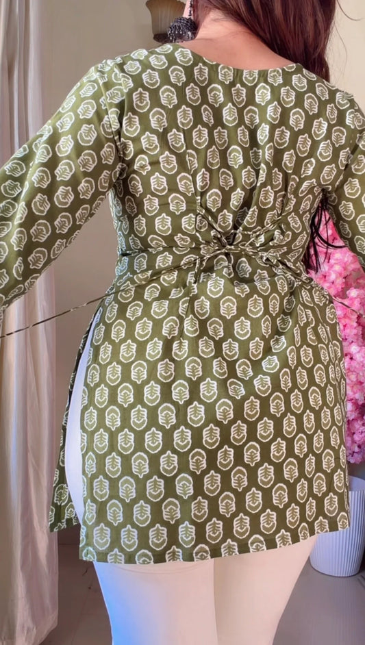 Green Floral Corset Back Short kurti
