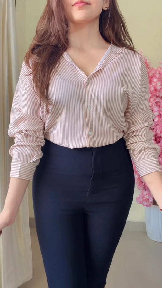 Tan Beige Striped V-Neck Shirt