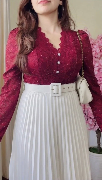 White Pleated Midi Skirt