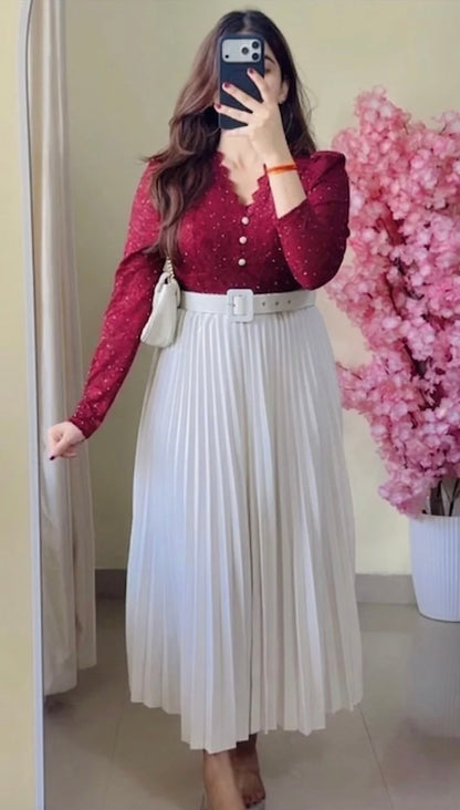 White Pleated Midi Skirt