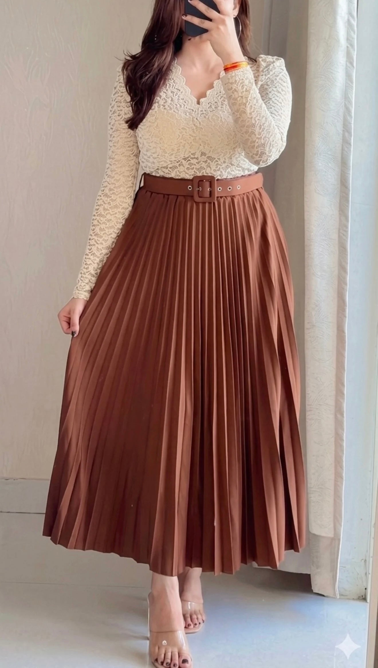 Caramel Brown Pleated Midi Skirt