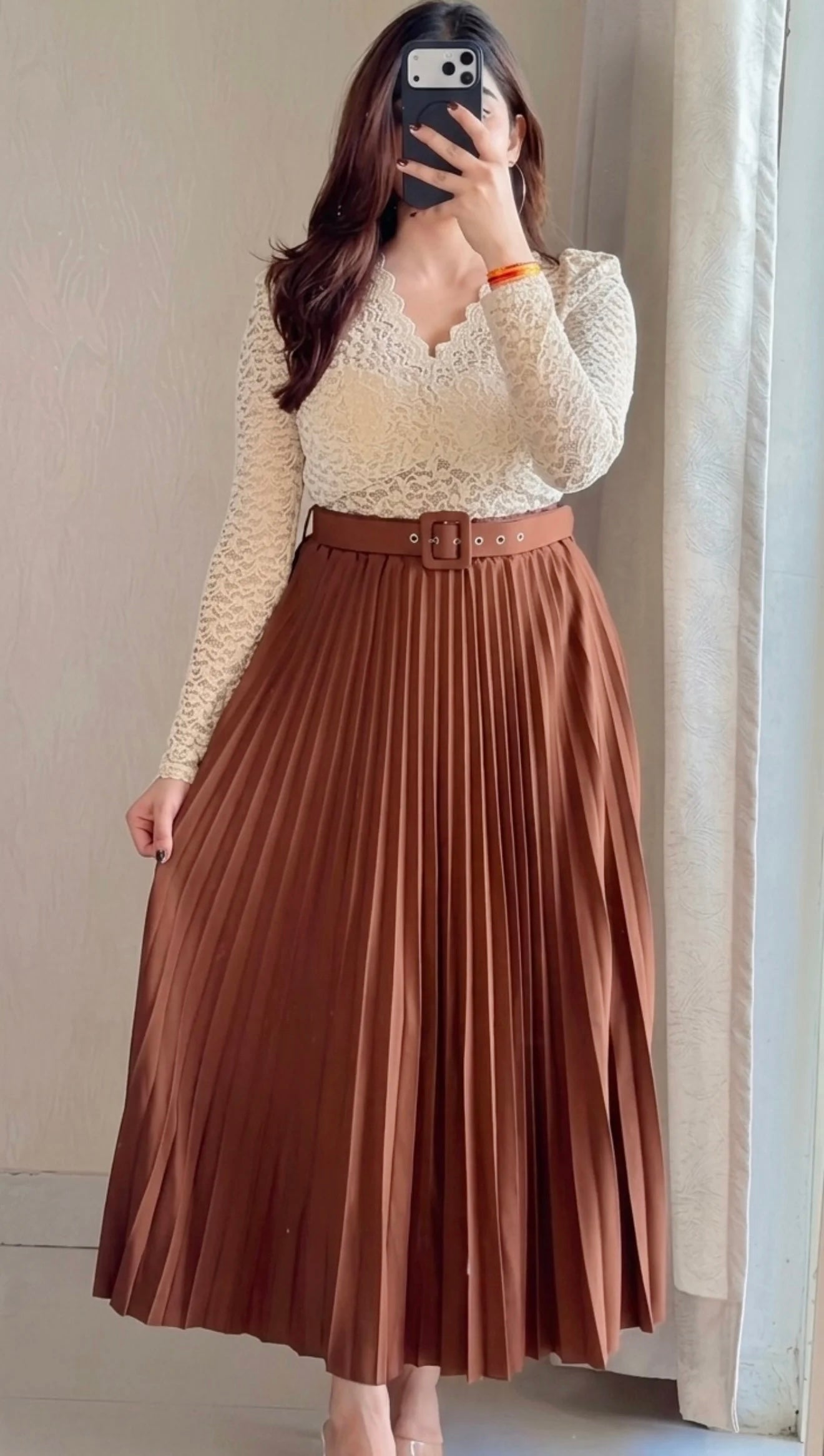 Caramel Brown Pleated Midi Skirt