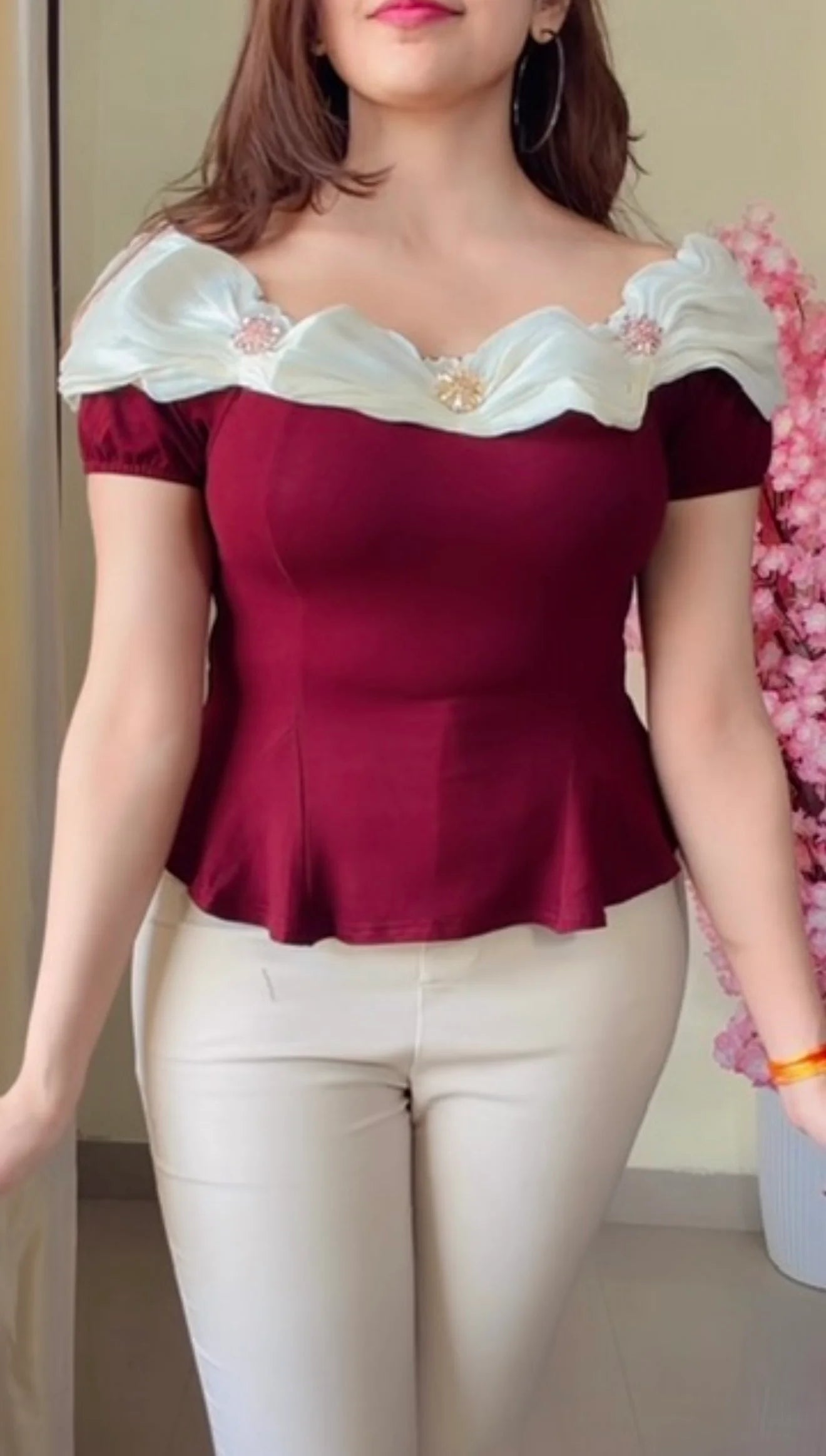 Ruffle Neck Peplum Top