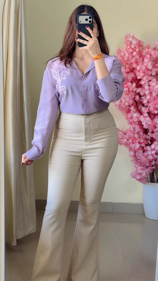 Purple Embroidered V-neck Shirt
