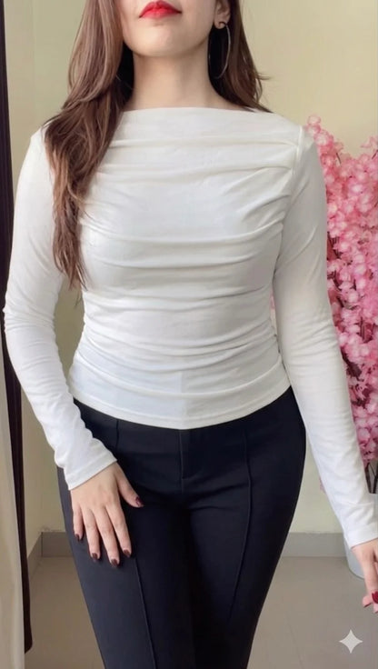 Ruched Boat Neck Fitted Top