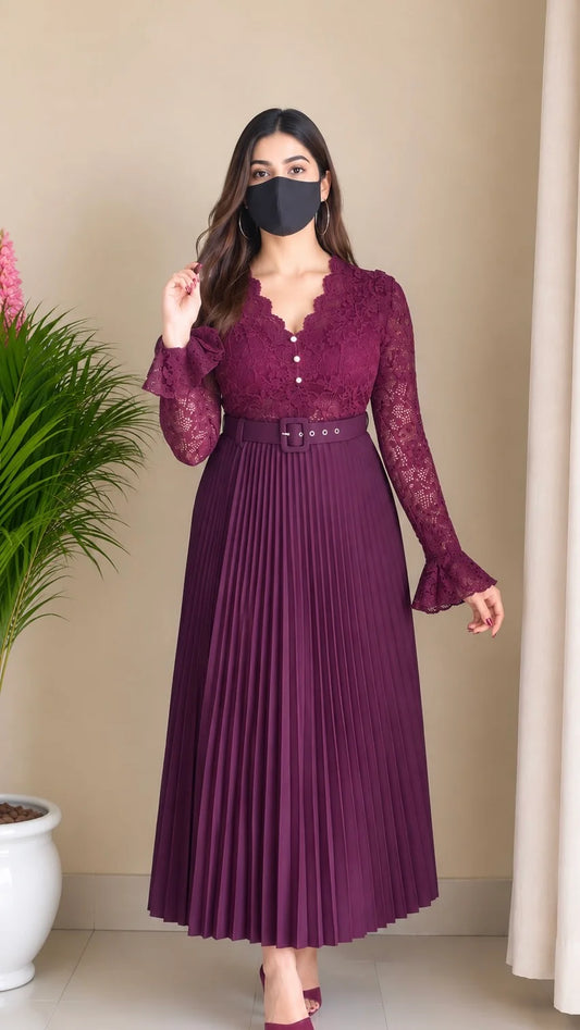 wine Lace Pleated Co-ord Set with Belt (Padded Top+ Skirt)