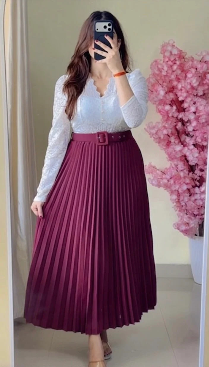 Wine Pleated Midi Skirt