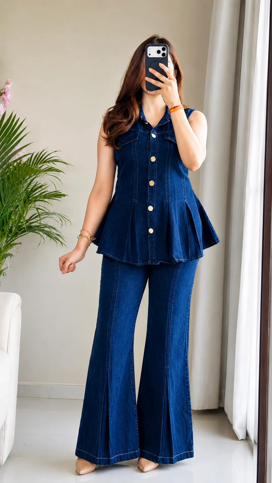 Dark Wash Denim Peplum Co-Ord Set