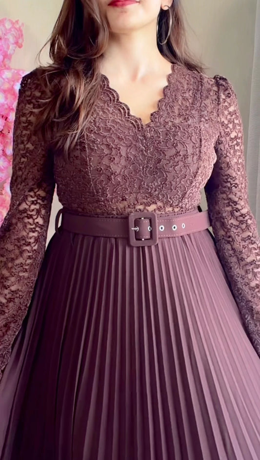 Mocha Lace Pleated Co-ord Set with Belt (Top+ Skirt)