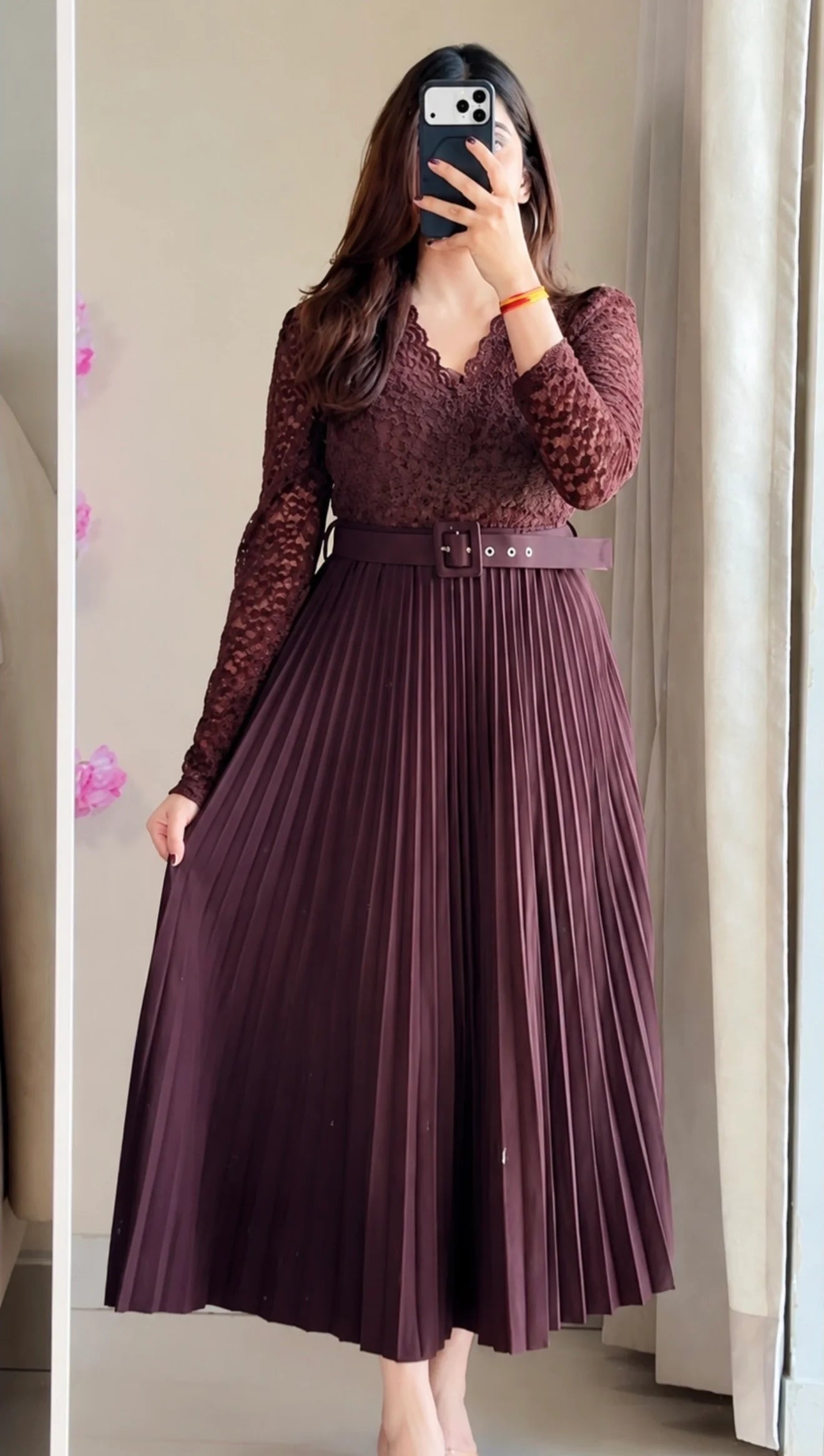 Mocha Lace Pleated Co-ord Set with Belt (Top+ Skirt)