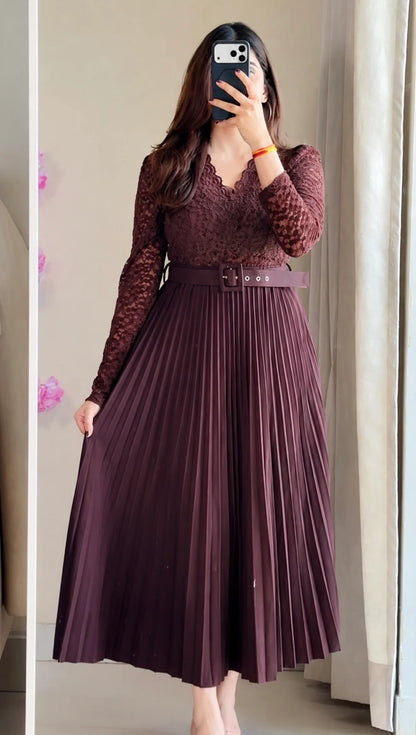 Mocha Lace Pleated Co-ord Set with Belt (Top+ Skirt)