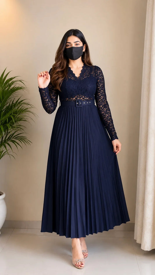 Black Lace Pleated Co-ord Set with Belt (Top+ Skirt)