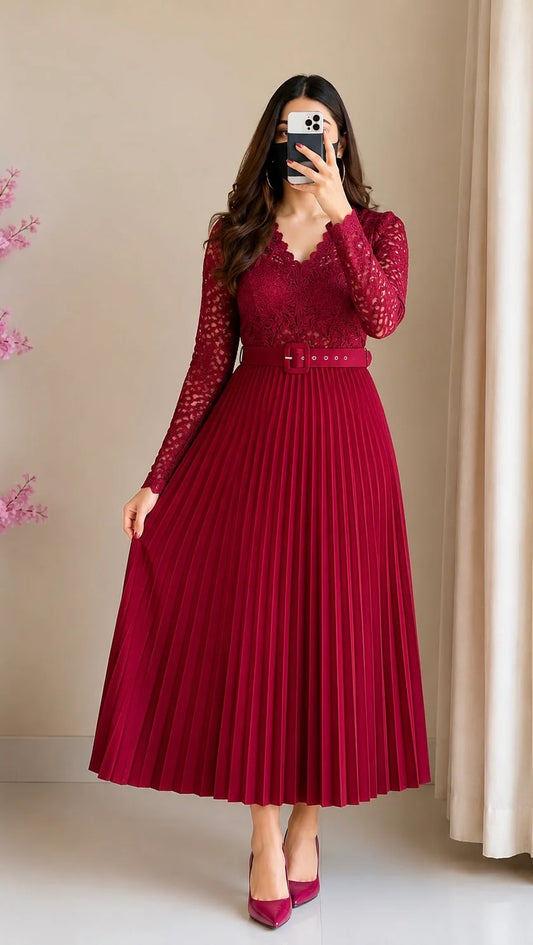 Cherry Red Pleated Midi Skirt