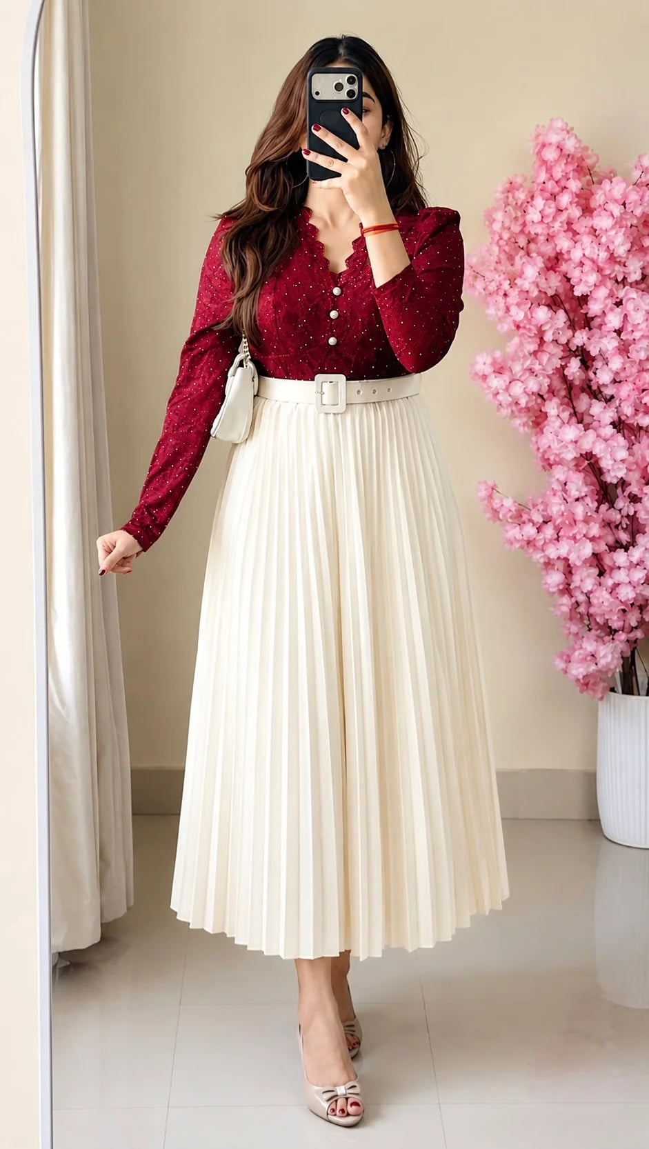 White Pleated Midi Skirt