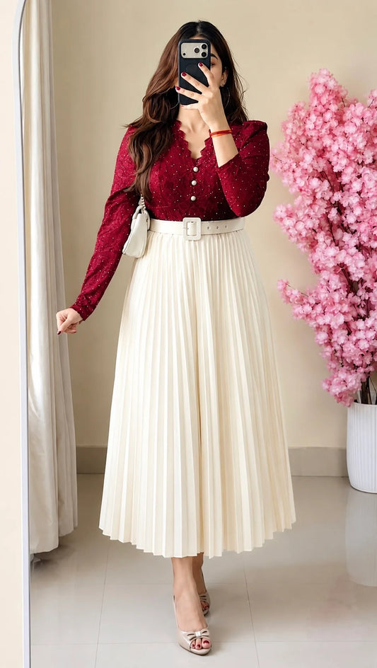 White Pleated Midi Skirt