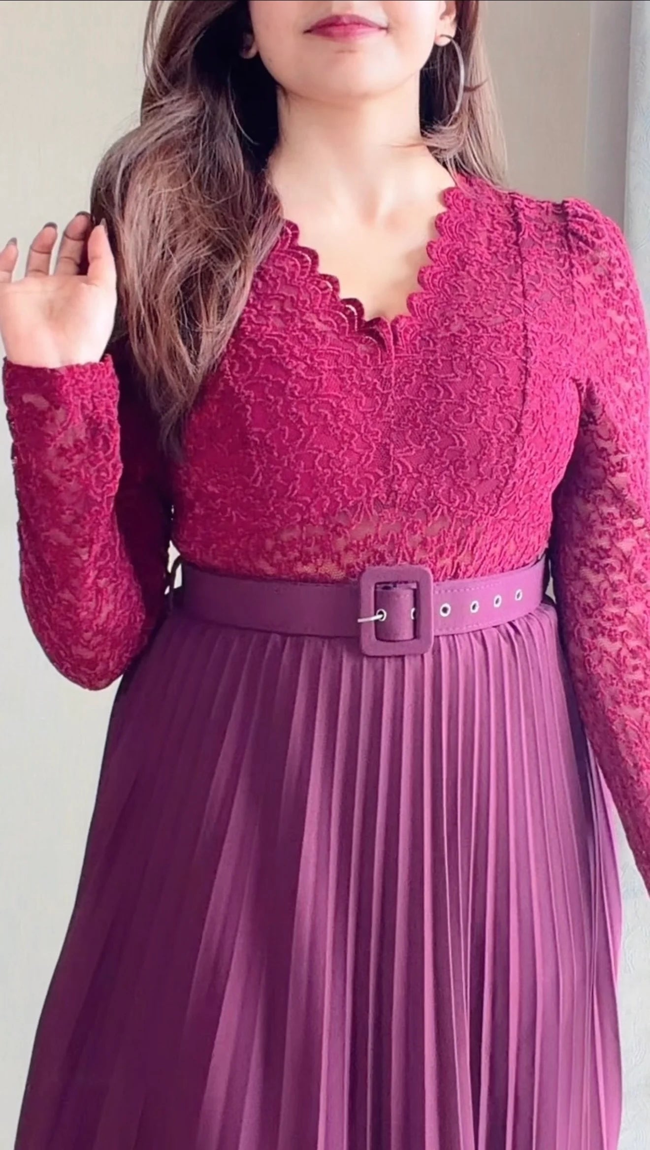 Wine Lace Pleated Co-ord Set with Belt (Top+ Skirt)