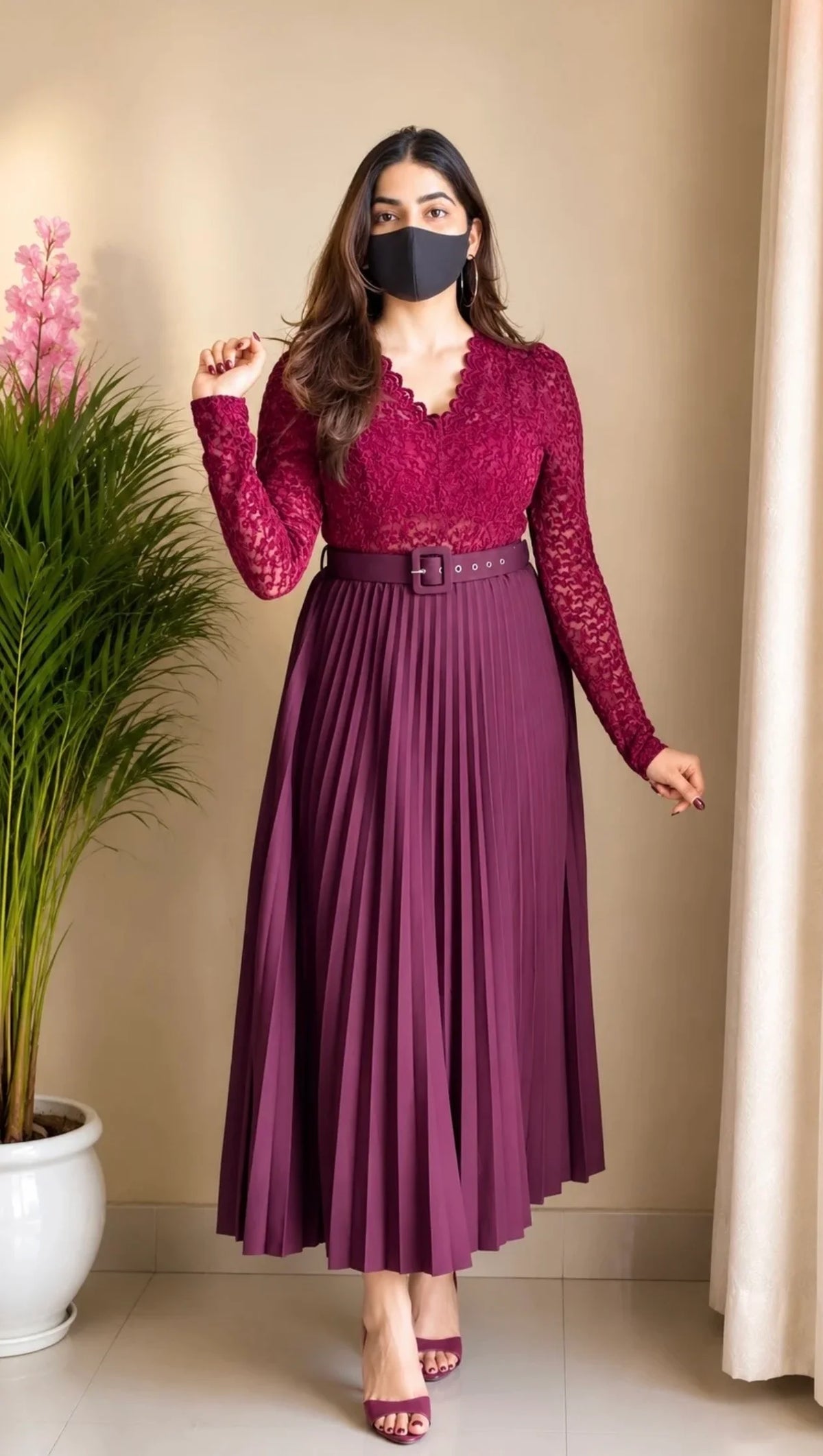 Wine Lace Pleated Co-ord Set with Belt (Top+ Skirt)