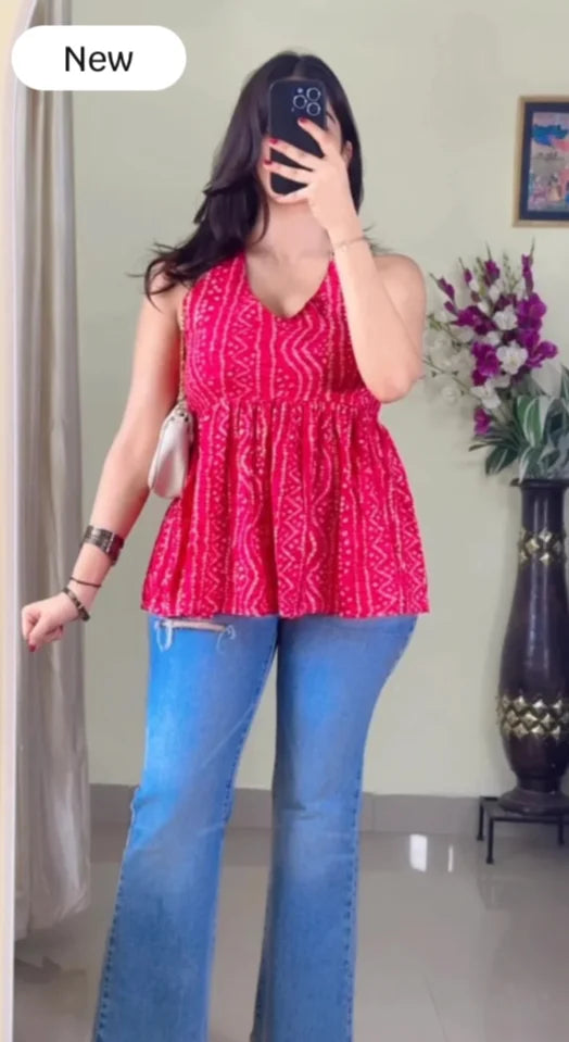 Pink Cotton Halter Neck Short Kurti KT-110