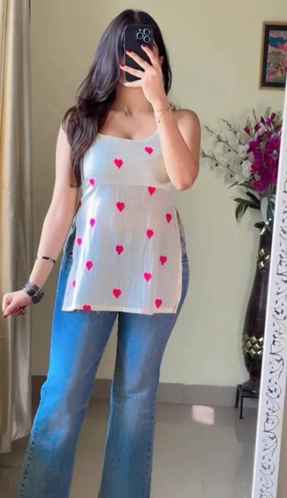 Pink Heart Print Short Kurti (Lining Attached) KT-114