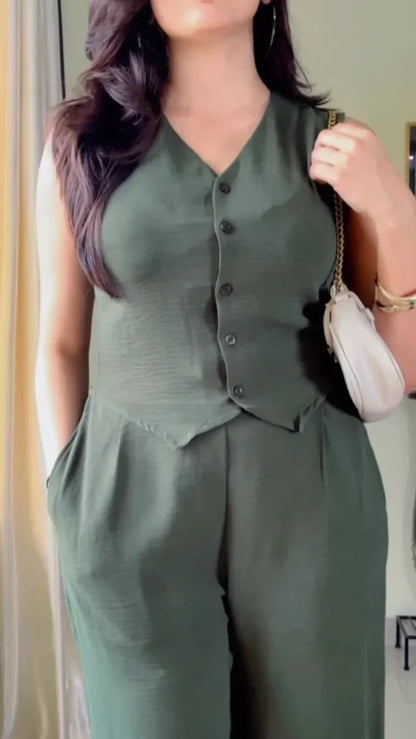 V-Neck Sleeveless Pure Cotton Waistcoat With Trouser-K179