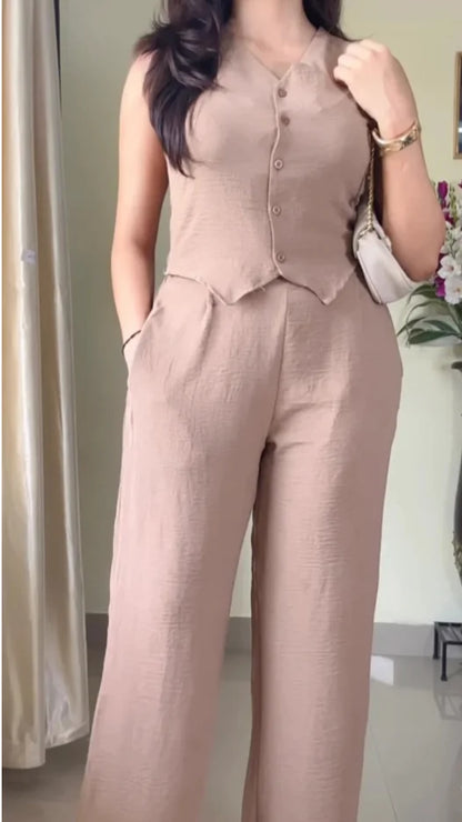 V-Neck Sleeveless Pure Cotton Waistcoat With Trouser-K183