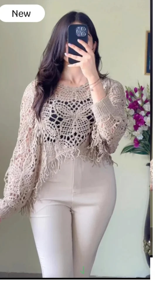 (Free Size) Camel Brown Crochet Poncho(C104)