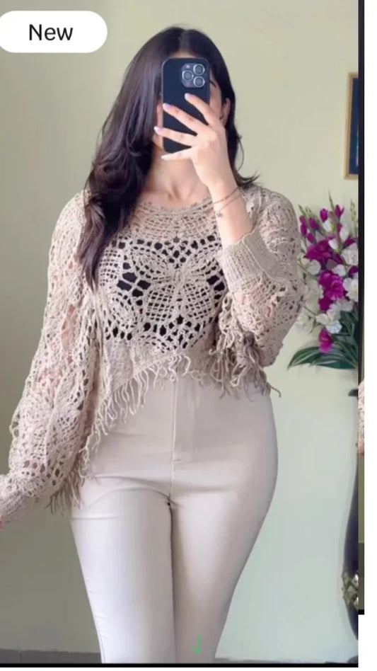 (Free Size) Camel Brown Crochet Poncho(C104)