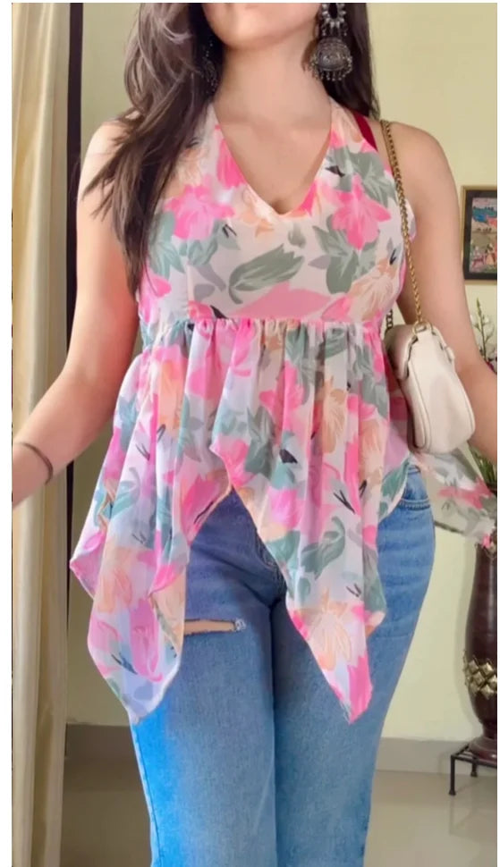 Pink Floral Halter Neck Short Kurti KT-125