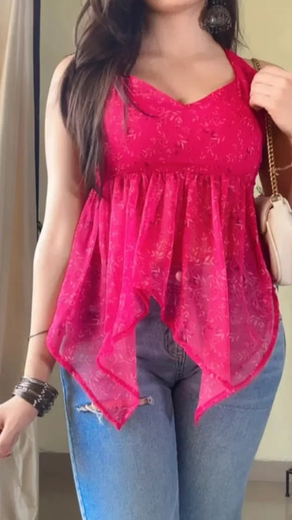 Pink Halter Neck Short Kurti (High Quality) KT-104