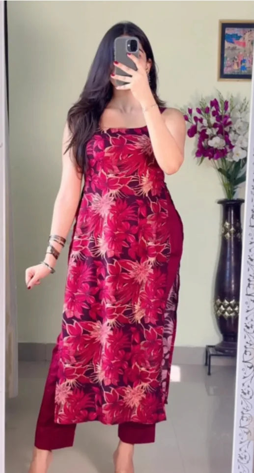 Kurti Set ( Pretty Floral Red Kurti Set)-2piece KT-109