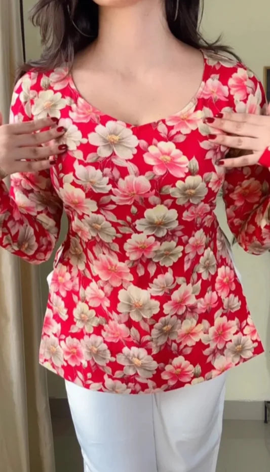 Women Floral Printed V-Neck Pure Muslin Kurti (Cherry Red) KT-117