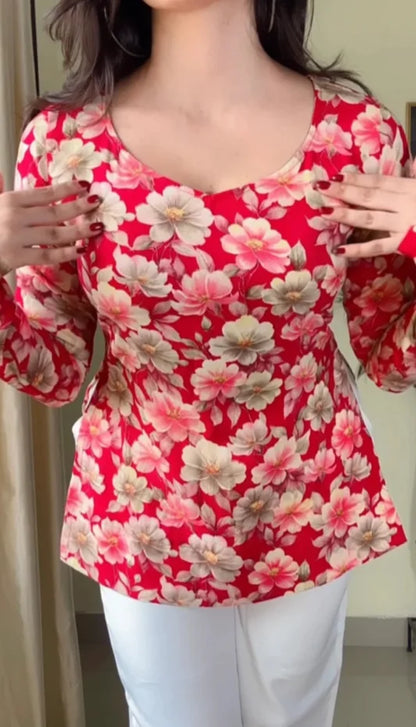 Women Floral Printed V-Neck Pure Muslin Kurti (Cherry Red) KT-117